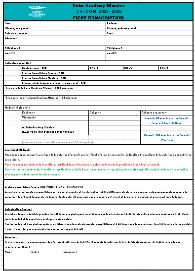 fiche inscription Swim Academy Nîmoise